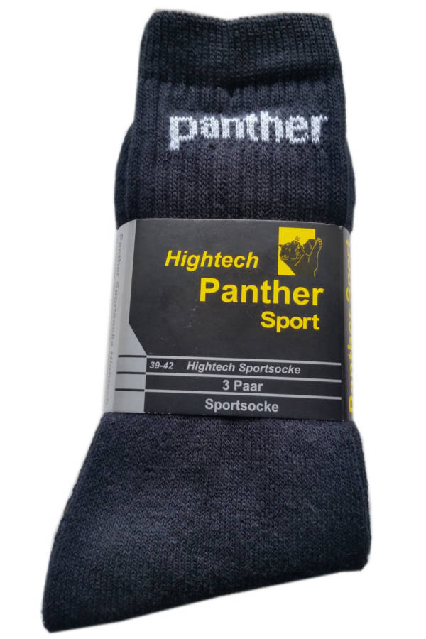 Großansicht von Panther schwarze Herren Sportsocken mit Schriftzug bis Größe 55, 3 Paar